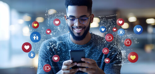 Wall Mural - digital icons of likes, shares, and engagement appear as a man uses his smartphone, connecting onlin