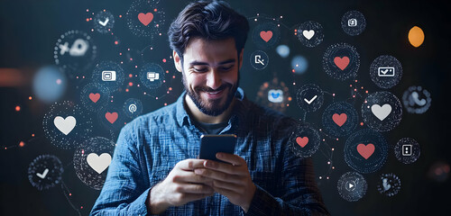 Wall Mural - a man on his smartphone, with floating icons of likes and shares, representing social media interact