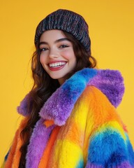 Wall Mural - A woman wearing a colorful jacket and a purple hat is smiling