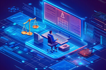 Wall Mural - online legal consultation with a digital interface where a virtual lawyer provides legal guidance on