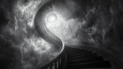 Wall Mural - Surreal monochrome spiral staircase ascending into a cloudy sky with a bright light at the top.