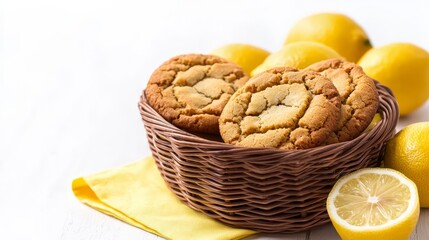 Lemon cookies homemade crunchy concept. Cookies in a basket with fresh lemons on a white surface.