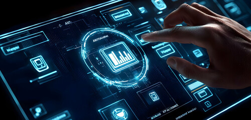 Wall Mural - a person's hand engaging with a digital asset management icon on a virtual screen, illustrating opti