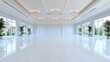 © artzone - Spacious, elegant hall with chandeliers and large windows.