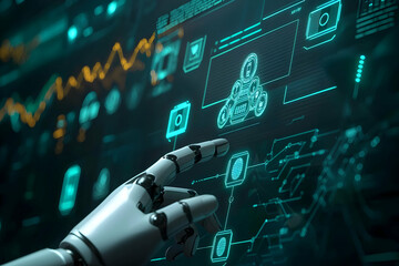 Wall Mural - a robotic hand interacting with asset management icons on a digital interface, highlighting futurist