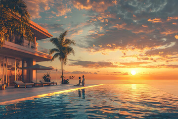 Wall Mural - romantic vacation vibe with a couple enjoying a sunset by a resort pool, symbolizing relaxation, lux