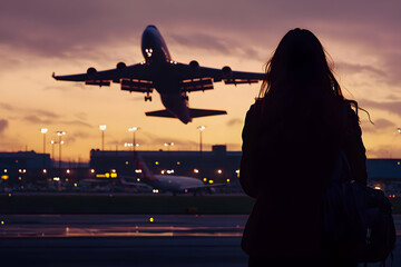 Wall Mural - a traveler silhouette standing by a window at dusk, watching planes take off, symbolizing the calm a