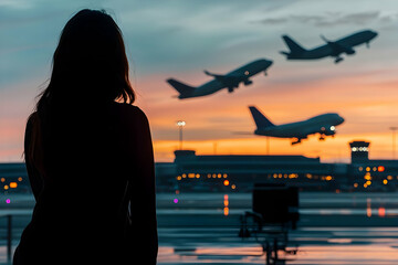 Wall Mural - a serene silhouette of a woman traveler watching planes take off, encapsulating a peaceful airport m