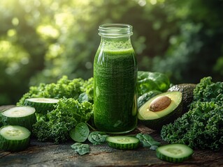 Wall Mural - A refreshing green smoothie in a glass jar, surrounded by fresh cucumbers, kale, and avocado, set against a natural, leafy backdrop.