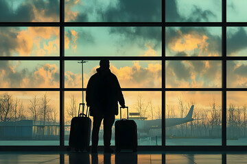 Wall Mural - silhouette of a traveler at an airport terminal, standing by a window with luggage, waiting for thei