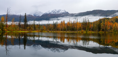 Wall Mural - scenic view of reflection lake in alaska during autumn time.