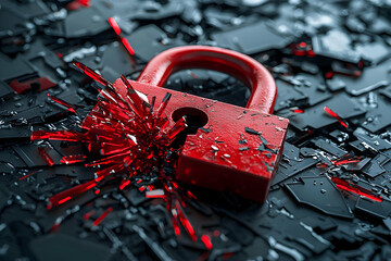 Wall Mural - shattered red padlock, depicting a security breach from a cyber attack in real-time.