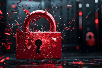 Wall Mural - a cyber attack in motion, with a broken red padlock symbolizing a serious security breach.