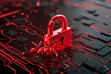 Wall Mural - a red padlock cracks and shatters, visually representing an ongoing cyber attack or data breach.