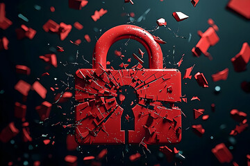 Wall Mural - a cyber attack visualized by a broken red padlock, signaling a security breach in progress.