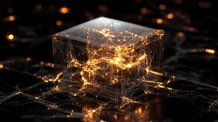Poster - Captivating Abstract Cube Surrounded by Dynamic Light Connections, Representing Data Networks, Technology, and Innovation in a Digital Universe