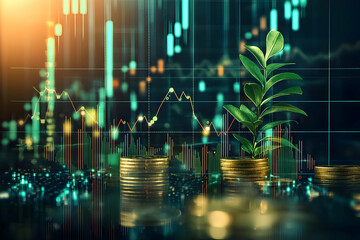 Wall Mural - graphical display of investment strategies with digital coins and growth charts emphasizing fundrais