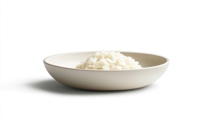 A bowl of cooked white rice sits on a white background