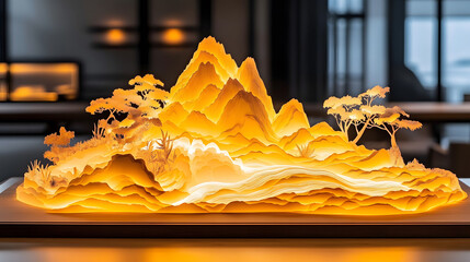Fototapete - A stunning layered paper art piece depicting mountains and trees, illuminated with golden light, creating a serene landscape effect