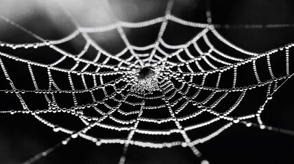Dew-covered spiderweb in monochrome, intricate detail.