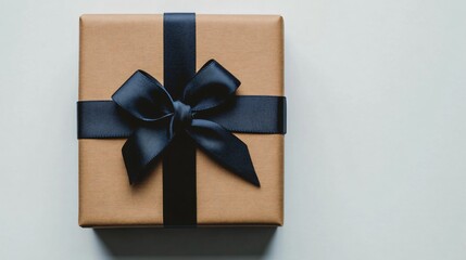 A stylish men’s accessory gift box wrapped in dark brown paper with a linen texture, tied with a wide navy ribbon, on white