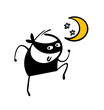 © Eka Panova - Cunning bandit in a black mask sneaks out on a dark night, commits a crime. Vector illustration of criminals moon with stars in the sky. Isolated funny character on white background.