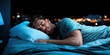 © AnuStudio - Sleep Hygiene concept, A man peacefully sleeps in a dimly lit room, with urban lights twinkling outside, creating a serene nighttime atmosphere.
