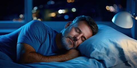 Wall Mural - Sleep Hygiene concept, A man peacefully sleeps in a cozy bedroom, illuminated by soft night lights, creating a serene nighttime atmosphere.