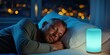 © AnuStudio - Sleep Hygiene concept, A man peacefully sleeps beside a glowing blue lamp with a soft ambiance, surrounded by the gentle blur of city lights.