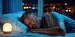 © AnuStudio - Sleep Hygiene concept, A man sleeps peacefully beside a soft glowing lamp, with a blurred cityscape twinkling through the window at night.