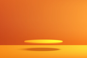 Wall Mural - 3d yellow cylindrical podium background floating on air with orange wall scene. minimalist 3d mockup