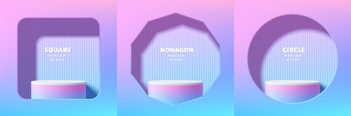 Sticker - set of 3d blue hologram cylindrical podium in square, nonagon, circle window wall scene. minimalist 