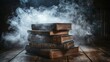 © HATO PROJECT - Stack of antique books shrouded in mystical smoke on wooden surface.
