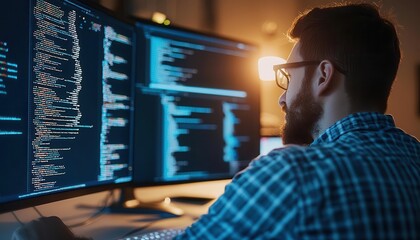 programmer working late with multiple coding screens, focused expression, focus, determination, tech