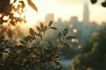 Sticker - Golden hour sunlit leaves against a blurred cityscape backdrop. Perfect for nature, city life, and tranquility themes.