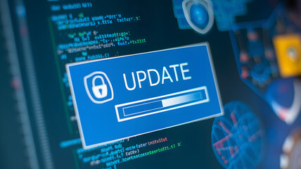 Close-up of computer screen showing software update notification with progress bar, blurred code and technical icons, symbolizing software maintenance and security.