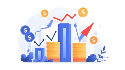 Wall Mural - A display of stacked coin icons, graphs, and upward arrows to represent financial success and profit growth. White background. No shadow