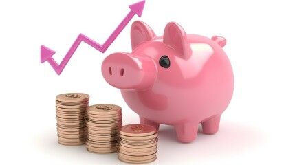 Wall Mural - A display of stacked coin icons, graphs, and upward arrows to represent financial success and profit growth. White background. No shadow
