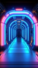 Wall Mural - a futuristic corridor illuminated by vibrant blue and pink neon lights, creating a sci-fi ambiance.