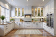 © setan cell - Modern white kitchen with hardwood floors, glass cabinets, and stainless steel appliances.