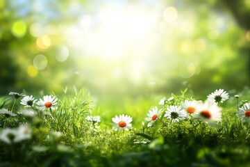 Daisy on green sunny spring meadow. Luminous blurred background with light bokeh and short depth of field. Horizontal close-up with space for text.