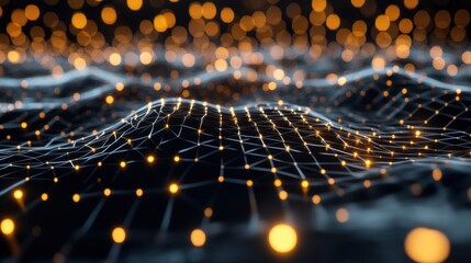 Wall Mural - Abstract Network Glowing Nodes, Connected Lines, Digital Data, Futuristic Technology, Waveform Patte