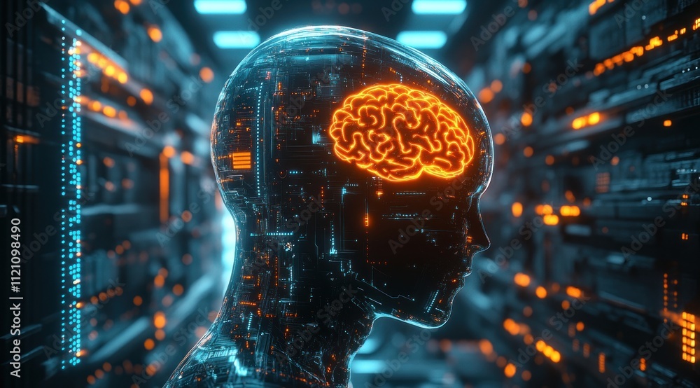 AI humanoid head with glowing brain inside a futuristic server room ...