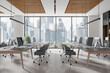 © ImageFlow - Modern office interior with open space, large windows, and computer desks overlooking a cityscape with contemporary design elements. 3D Rendering