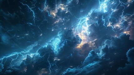 Wall Mural - This photo depicts a striking lightning abstract image of a black background illuminated by multiple lightning strikes