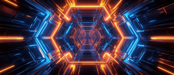 Wall Mural - futuristic neon tunnel: abstract blue and orange glowing hexagon corridor