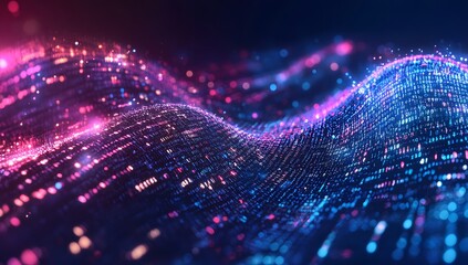 Colorful digital data wave with binary code, abstract technology background, data visualization