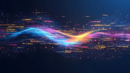 Colorful digital data wave with binary code, abstract technology background, data visualization