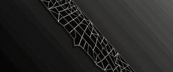 A spider web is shown in black and white. The web is made of metal and is twisted and tangled. The image has a dark and eerie mood, as if it is a representation of a spider's web