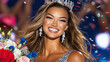 © Pillow Productions - A joyful woman, clutching a bouquet and wearing a sparkling tiara, is crowned the winner of a beauty pageant